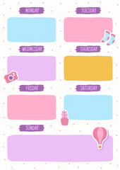Planner list. Weekly blank reminder page, school timetable, organizer printable template. Girly cute stationery. Frame for text, Monday Tuesday and Wednesday. Cartoon isolated illustration