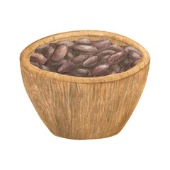 Watercolor illustration of a wooden plate or bowl or vase for cereals or powders, for flour. Filled with cocoa seeds. Isolated hand drawn illustration