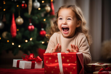 Fototapeta na wymiar An excited child opening presents on Christmas day