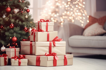 Presents by a festive christmas tree in a modern home