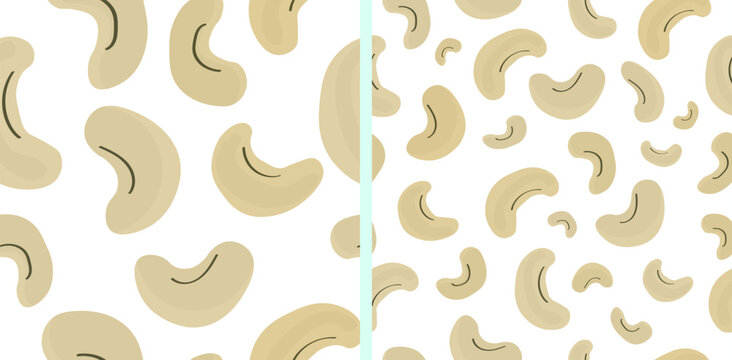 Seamless Cashew Pattern, small and big cashew nuts repeating pattern on white background. Vegan background. Vector Illustration. EPS 10.