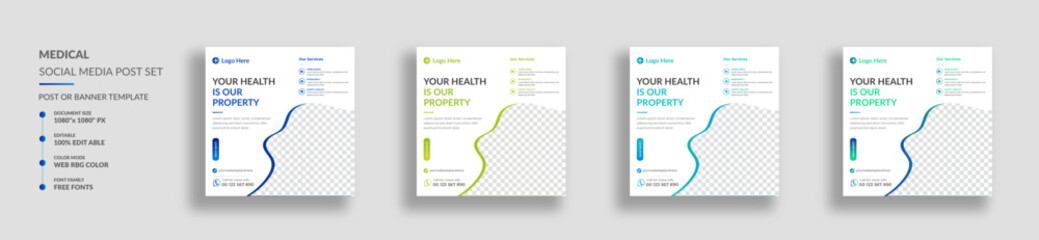 Medical health care and clinic social media post banner design, medical social media post design template, promotional medical square web banner for hospital, Medical social media post.