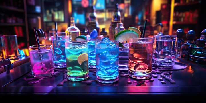 AI Generated. AI Generative. Neon glowing cocktail glass mug bar pub in synthwave cybepunk retrowave style. Night life party alcohol drink vibe