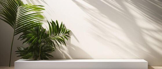 Fototapeta na wymiar a blank minimal white counter podium with a soft beautiful, dappled sunlight palm foliage leaf shadow on wall for hygiene cosmetic, skincare, beauty treatment product created by generative AI