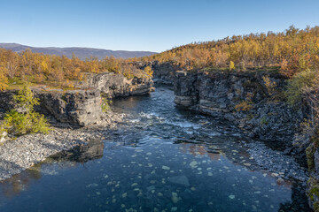 Autum Abisko Canyon River Abiskojakka National Park, Norrbottens, Norrbottens Lapland landscape...