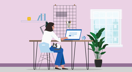 Home office and Remote Working Employee Work from Home for Freelancing, Girl Using Laptop at Home with Cat and Freelancer Freelance Outsourced Employee Occupation Brainstorm for Project Deal Home Duty