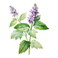 Plant patchouli or Pogostemon cablini branch with flowers and leaves. Hand drawn watercolor illustration isolated on white background.