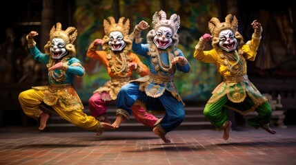 Fototapeta premium Art Culture Thailand Dancing In Masked Khon In Literature Ramayana Thai Classical Monkey Masked Khon Thailand, generative ai