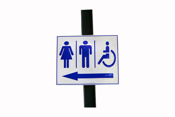 Signs Modern public toilet or bathroom sign white adjacent to brown iron isolated on white background. of men, women, people disabilities with person icon. Symbol notifying people.