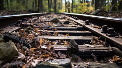 Close up of an old railroad track leading off into a forest, generative ai