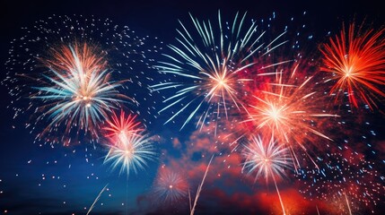 Close up of brilliant fireworks exploding in the night sky, generative ai