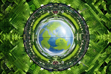 Captivating Glass Globe in Thriving Green Forest: Sustainable Development, Biodiversity, ESG, CO2 Reduction, Circular Company, Net-Zero Icons - Inspiring Unity for Our Planet's Tapestry!