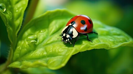 Obraz premium Macro detail of a ladybug resting on a leaf in nature, generative ai