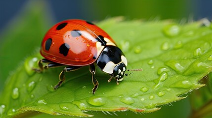 Fototapeta premium Macro detail of a ladybug resting on a leaf in nature, generative ai
