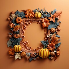 Square frame with pumpkin autumn tree on yellow orange background copy space text, 3d illustration, generative AI