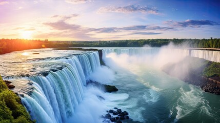 Panoramic landscape of Niagara Falls stretching across horizon, generative ai