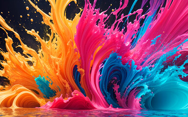 Obraz premium Colorful Liquid Fluid Wallpaper Background. Abstract Flowing Paint Splash Illustration for Banner, Invitation, Greeting Card or Cover. Ai Generated.