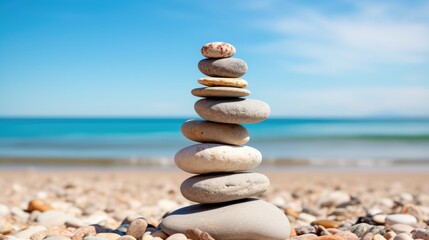 Fototapeta na wymiar Perfectly round pebble stones stacked up on a sandy beach, generative ai