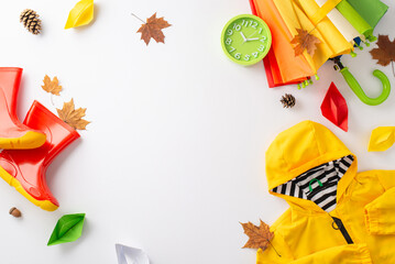 Fun-filled autumn rain concept for children. From above, capture the essence with a top-down photo...