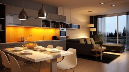 Fototapeta na wymiar Stylish Apartment Interior With Modern Kitchen Idea For Home Design, generative ai