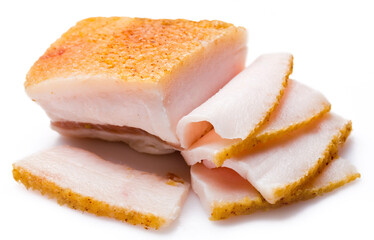 Salo or salt-cured pork fatback isolated on white background.