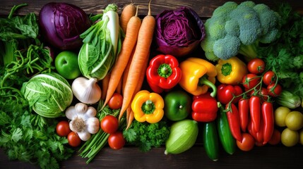 Top down view of fresh colorful vegetables at a farmers market, generative ai,
