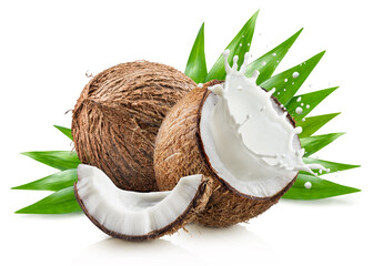 Coconut fruit and coconut milk splash isolated on white background. File contains clipping path.