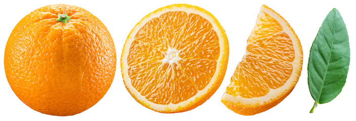 Set of orange fruit, orange slices and green leaf on white background. File contains clipping path.