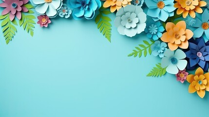 Top View Of Colorful Paper Cut Flowers With Green Leaves On Blue Background With Copy Space, generative ai