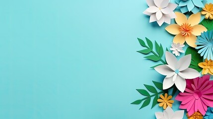 Top View Of Colorful Paper Cut Flowers With Green Leaves On Blue Background With Copy Space, generative ai