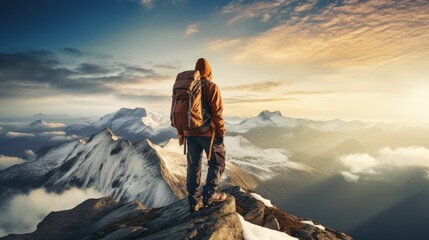 Fototapeta premium Tourist In Mountain Peak Active Life Concept, generative ai