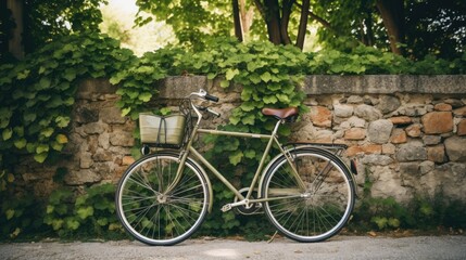 Fototapeta na wymiar Vintage bicycle leaning against a brick wall covered in ivy, generative ai