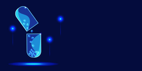 Futuristic Digital blue 3d Shiny Pill with space for text. Medical Web banner in Trendy Modern style with Open Capsule with Drug. Medicine banner with Coronavirus. Vector illustration.