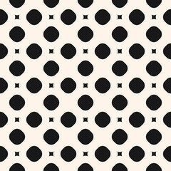 Vector monochrome seamless pattern, simple geometric texture with small circles and squares. Black and white ornament. Abstract minimal background. Repeat geo design for prints, digital, web, textile