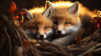 Baby red foxes cuddling