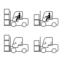 Set of Forklift transport icon, industry vehicle machine symbol, fork truck warehouse vector illustration
