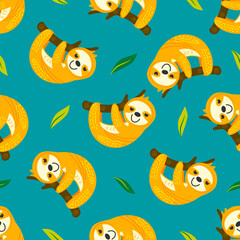 Seamless vector pattern with a sloth on a tree and leaves in a minimalist style in bright colors for a print on clothes, a t-shirt, a website background, a texture, a textile, a pet store, a pet mark