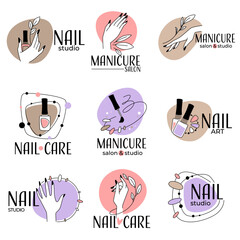 Nail studio, manicure salon labels and logo vector