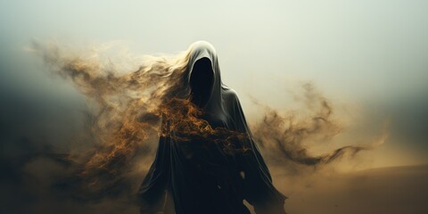 Scary shadowy grim reaper wandering in ethereal sandstorm of dust, dressed in dark black hooded robe of decaying smoke, death follows wherever he walks in spirit - generative AI  - obrazy, fototapety, plakaty