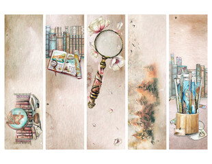 Set of 5 Digital Bookmarks with Watercolor Illustrations, Letter size on a Transparent Background, Hand-drawn Book Illustrations, Magnifier, Maps, Globe, Old Books, Vintage, Old Style, 2x8 in
