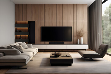 modern living room in wood with tv chairs and couch