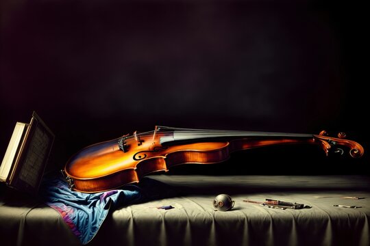 A Violin Sitting On Top Of A Bed Next To A Laptop Computer