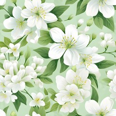 Spring blossom white cherry flowers seamless pattern wallpaper background, ai generated