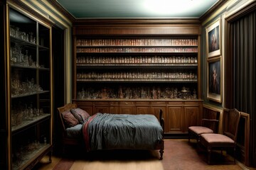 A Bed Sitting In A Bedroom Next To A Book Shelf