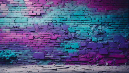Vibrant Brick Mosaic: Toned Wall with Blue, Purple, Magenta, Teal, and Green Gradient. Rough, Textured Surface Creating an Artistic and Colorful Background with Ample Space for Design. Evoking a Dark 