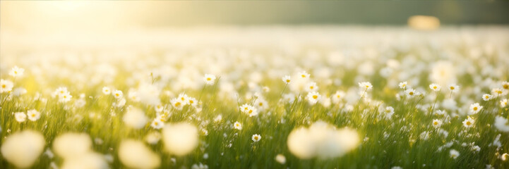 Field of white flowers with sunlight. Generative AI. 