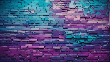 Fototapeta na wymiar Vibrant Brick Mosaic: Toned Wall with Blue, Purple, Magenta, Teal, and Green Gradient. Rough, Textured Surface Creating an Artistic and Colorful Background with Ample Space for Design. Evoking a Dark 