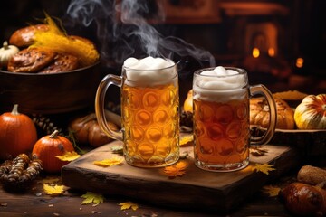 A mug of cold beer, a board with Bavarian sausages and snacks on a wooden background. Celebrating Oktoberfest.  Generative AI
