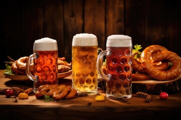 A mug of cold beer, a board with Bavarian sausages and snacks on a wooden background. Celebrating Oktoberfest.  Generative AI