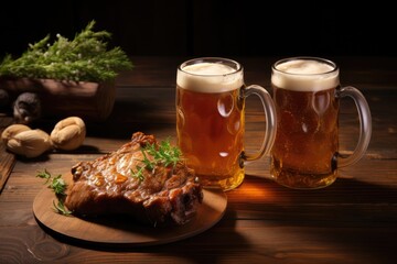 grilled meat and a mug of beer on a wooden background.  Generative AI